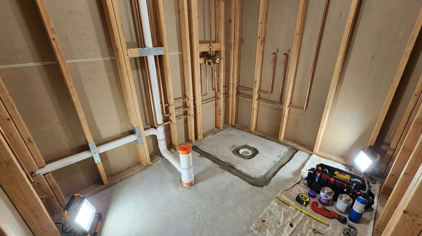 Bathroom rough-in plumbing during remodel by Johns Plumbing LLC in Siler City