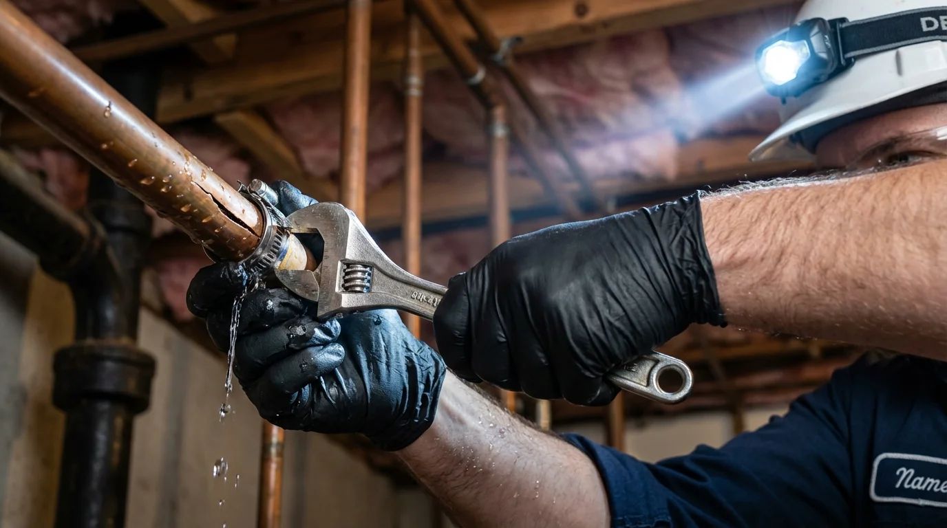 Emergency pipe clamp repair being performed by a Johns Plumbing LLC plumber in Siler City