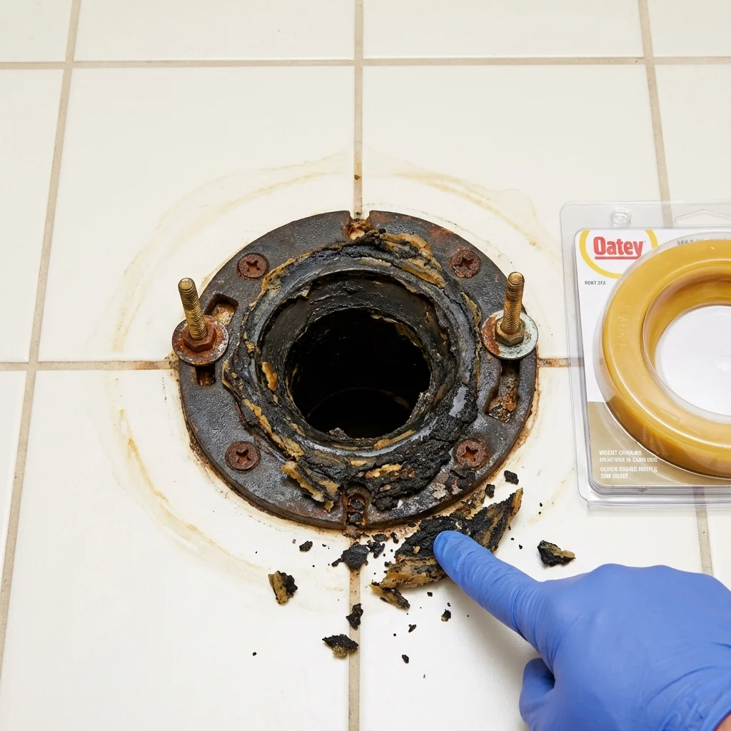 Failed wax ring showing water seepage at the base of a toilet in a Siler City, NC home
