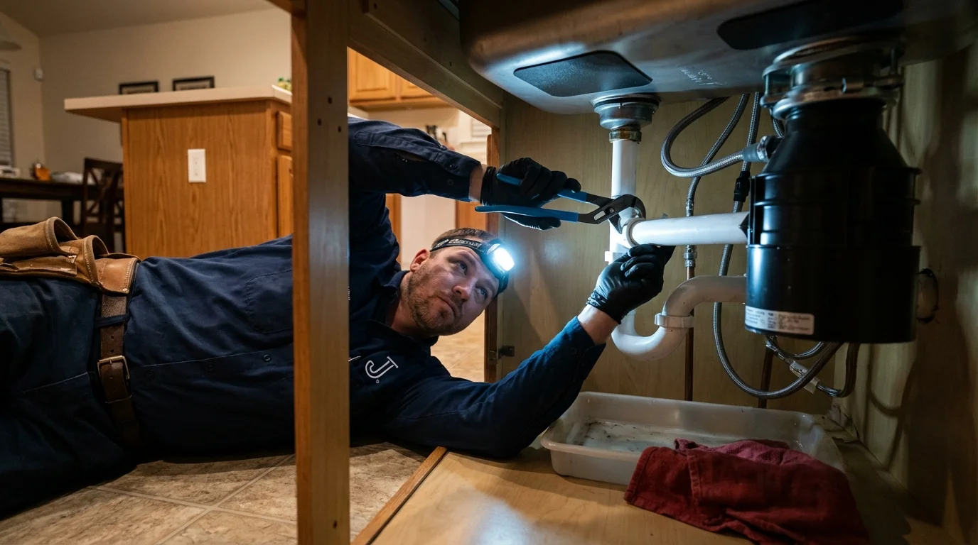 P-trap and supply line connections under a kitchen sink showing a common leak point in Siler City, NC
